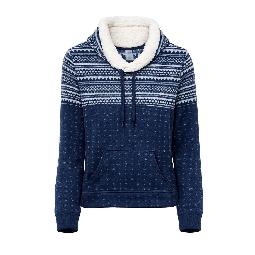 St Johns Bay Sherpa Hoodie Womens M Blue Fair Isle Fleece Pullover Cozy Cottage